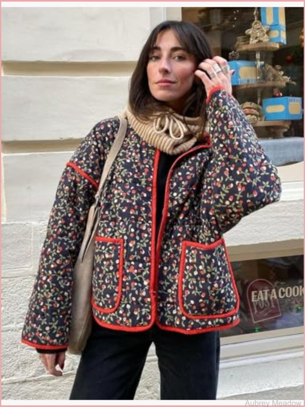 Women's Cropped Quilted Puffer Jacket Floral Print Open Front Lightweight - Picture 3 of 7